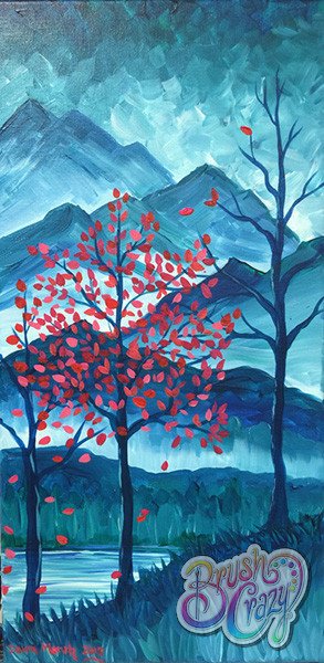 Tree Red with Teal Mountains